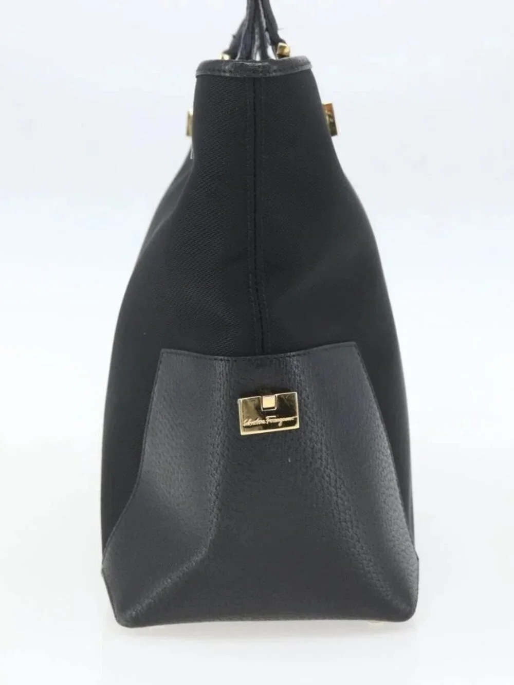 Salvatore Ferragamo Tote Bag Nylon Leather Black Gold Auth 164446